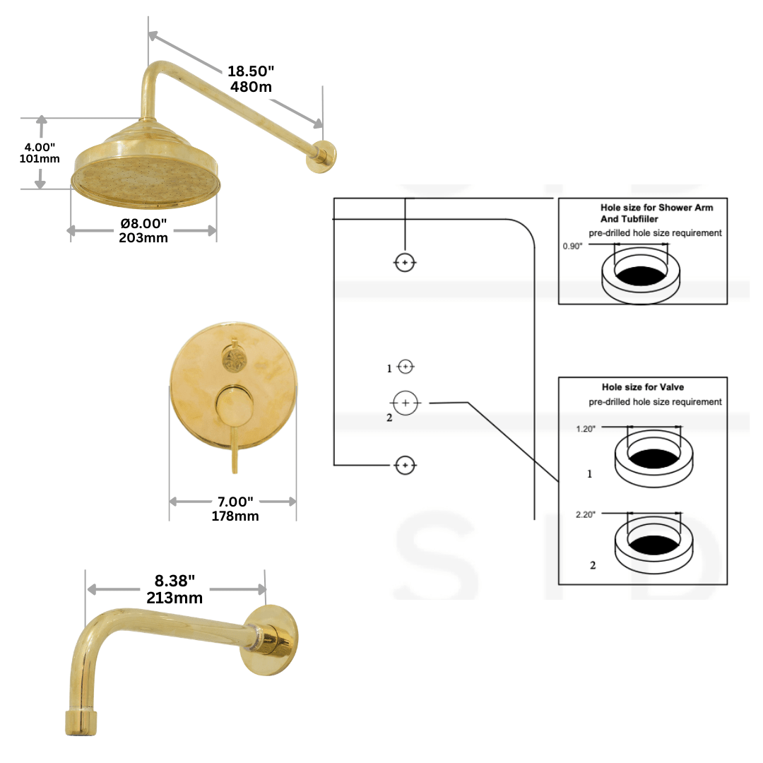 Built-in 2 outlet Brass Shower System - Head Shower System With Tub Filler
