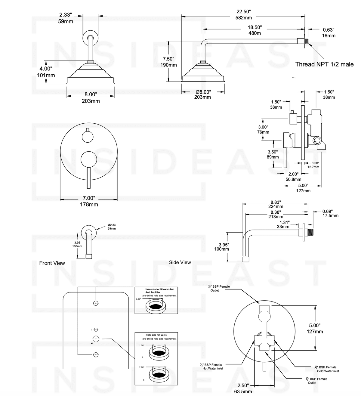Built-in 2 outlet Brass Shower System - Head Shower System With Tub Filler