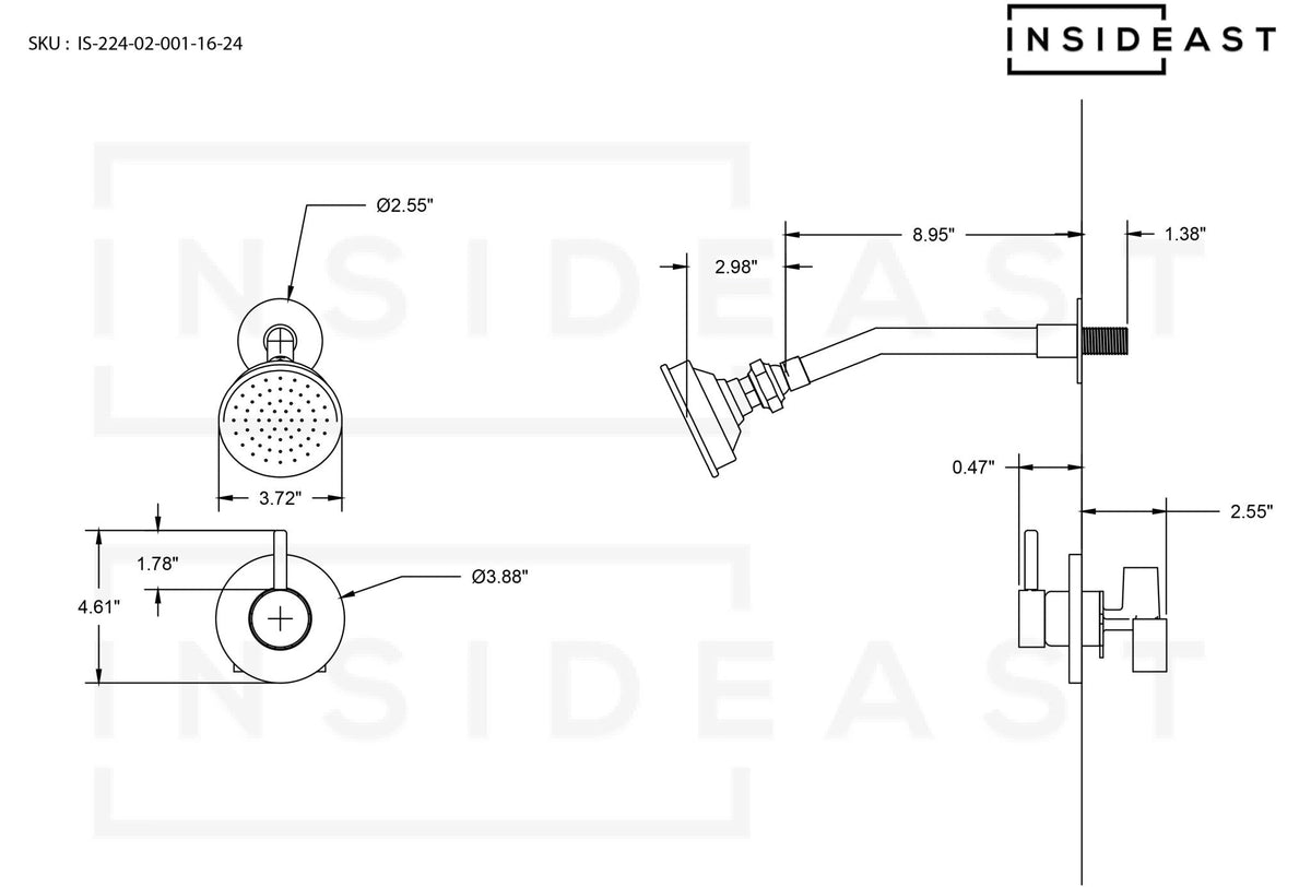 Built-in Solid Brass Shower, Unlacquered Brass Swiveling Showerhead, Rainfall Shower