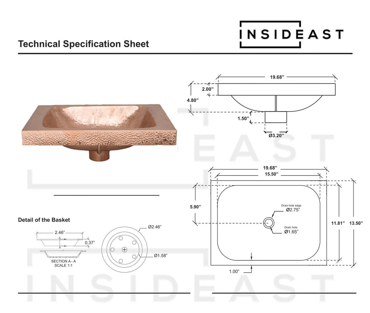 Customizable Raised Profile Bathroom Copper Sink, Hammered Copper Rectangular Sink, Vanity Sink Copper