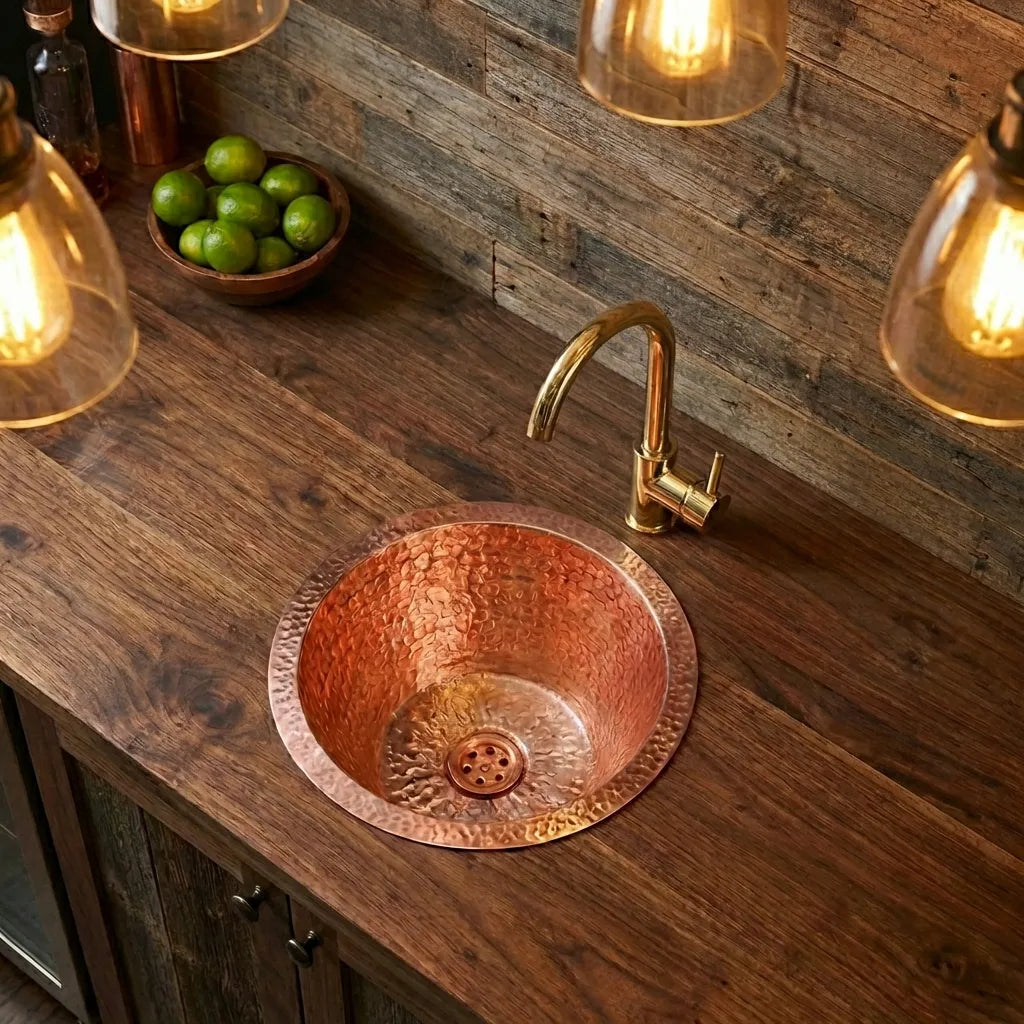 Copper Round Bar Sink, Hammered Copper Round Drum Bar Sink Including Drain
