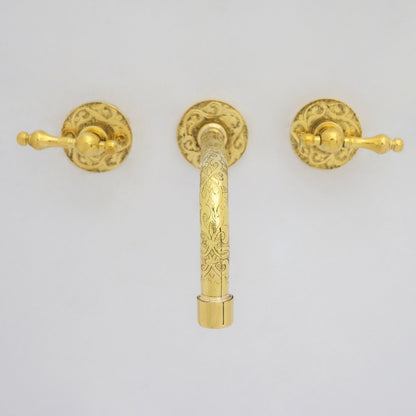 Engraved Solid Brass Built-in Faucet, Unlacquered Bathroom Sink Faucet