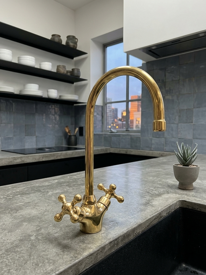 Unlacquered Brass Kitchen Faucet – High-Arch 360° Swivel Mixer Tap with Dual Cross Handle