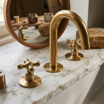 The Artisan Bridge Faucet with Customizable Knobs – Unlacquered Living Brass