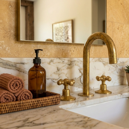 The Artisan Bridge Faucet with Customizable Knobs – Unlacquered Living Brass
