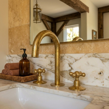 The Artisan Bridge Faucet with Customizable Knobs – Unlacquered Living Brass