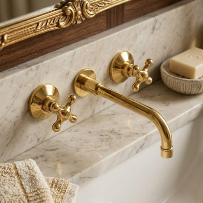 Luxury Wall-Mounted Faucet – Handcrafted Unlacquered Solid Brass 3-Hole Bathroom Sink Mixer Spout