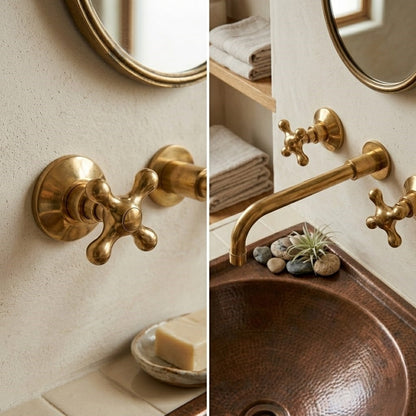 Luxury Wall-Mounted Faucet – Handcrafted Unlacquered Solid Brass 3-Hole Bathroom Sink Mixer Spout