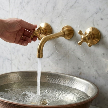 Luxury Wall-Mounted Faucet – Handcrafted Unlacquered Solid Brass 3-Hole Bathroom Sink Mixer Spout