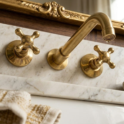 Luxury Wall-Mounted Faucet – Handcrafted Unlacquered Solid Brass 3-Hole Bathroom Sink Mixer Spout