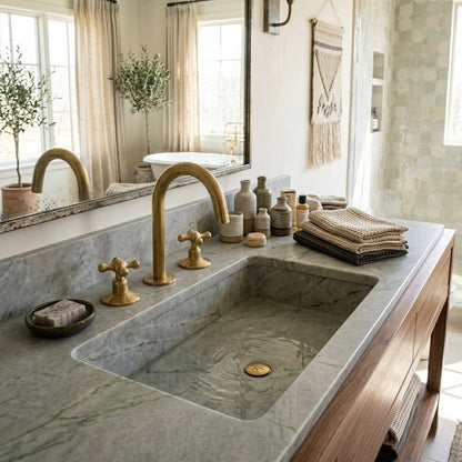 The Artisan Bridge Faucet with Customizable Knobs – Unlacquered Living Brass