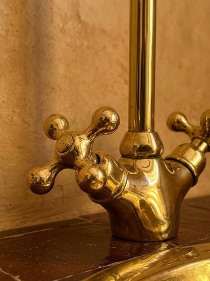 Unlacquered Brass Kitchen Faucet – High-Arch 360° Swivel Mixer Tap with Dual Cross Handle