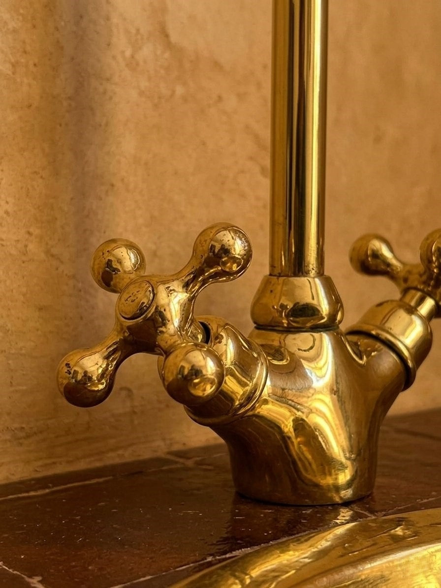 Unlacquered Brass Kitchen Faucet – High-Arch 360° Swivel Mixer Tap with Dual Cross Handle