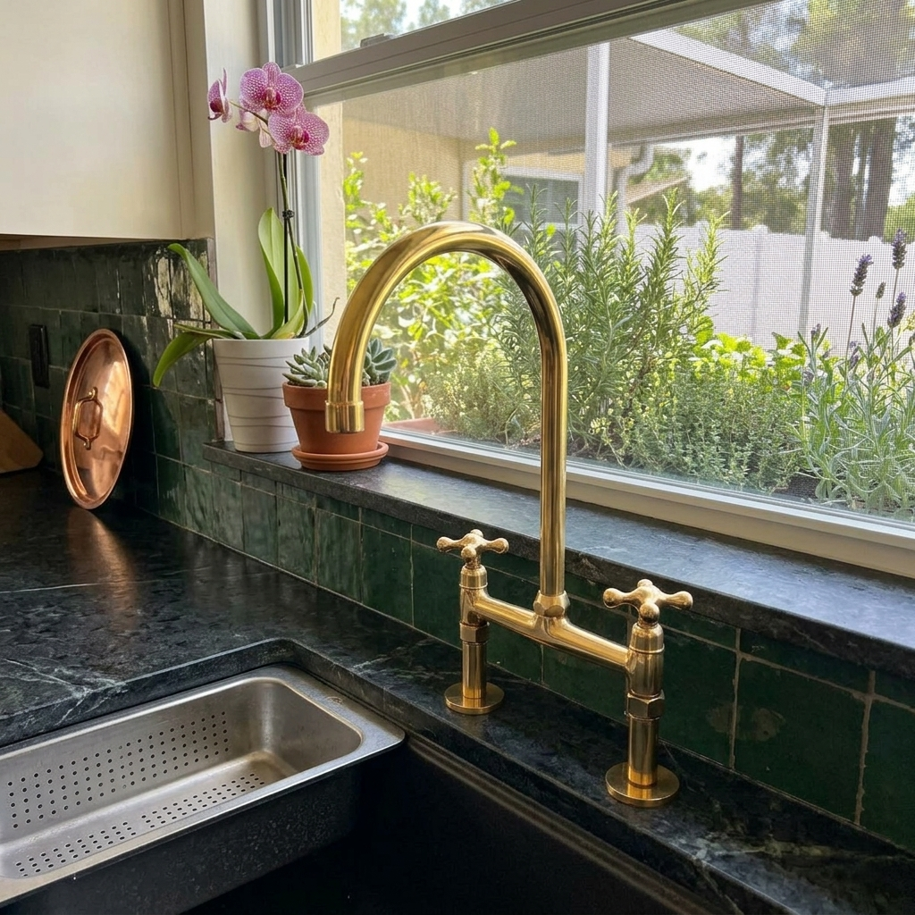 Unlacquered Brass Kitchen Bridge Faucet