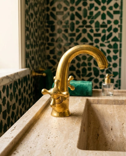 Noble Brass Unlacquered Brass Dual-Handle Faucet – Artisan Handcrafted Monobloc Mixer