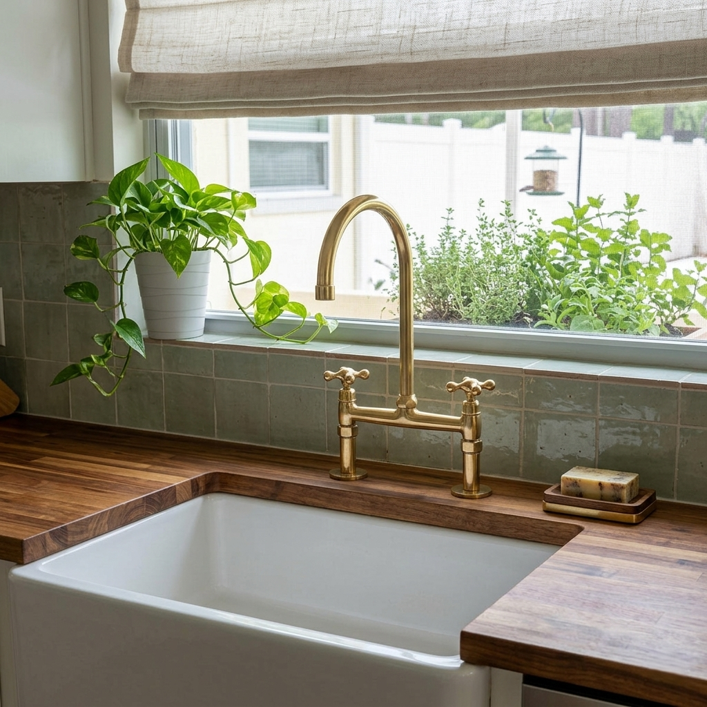 Unlacquered Brass Kitchen Bridge Faucet