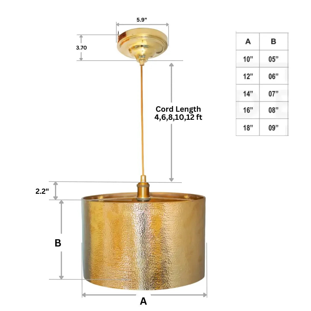 Hammered Brass Cylinder Pendant Light, Unlacquered Brass Pendant Light