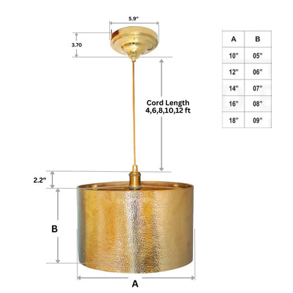 Hammered Brass Cylinder Pendant Light, Unlacquered Brass Pendant Light