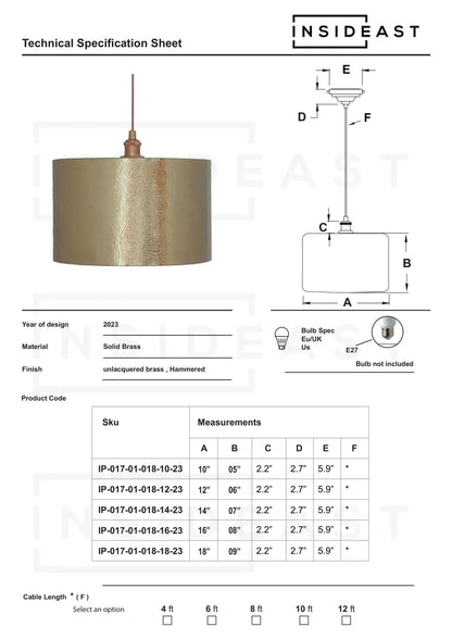 Hammered Brass Cylinder Pendant Light, Unlacquered Brass Pendant Light
