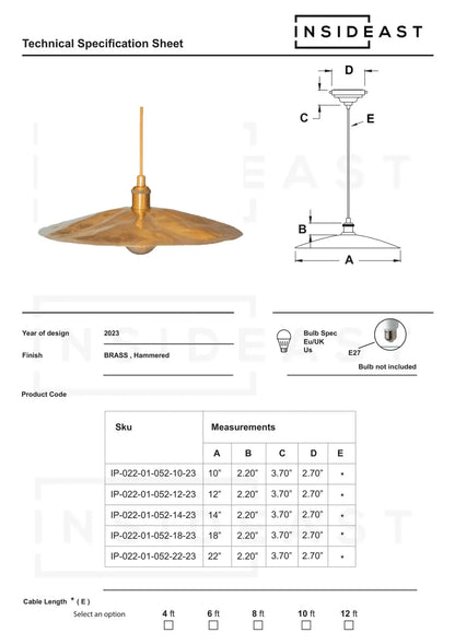 Hammered Brass Flat Disc Pendant Light, Brass Plate Lampshade, Flat Circle Shade