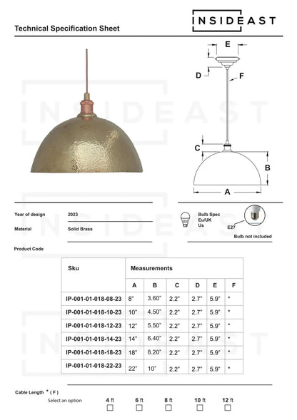 Hammered Brass Pendant Light, Unlacquered Brass Dome Lampshade, Kitchen Island Light