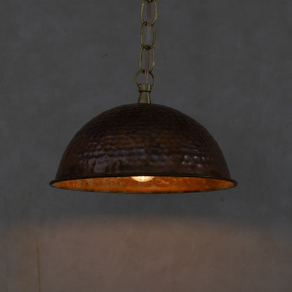 Hand-Hammered Wide Copper Dome Pendant - Rustic Moroccan Hanging Light for Kitchen & Dining