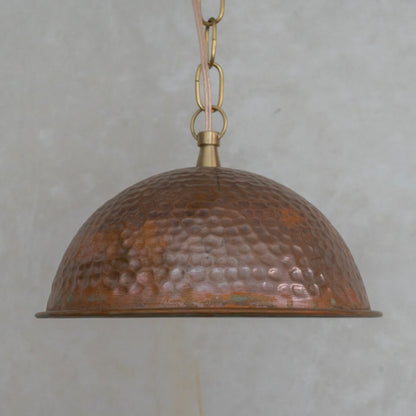 Hand-Hammered Wide Copper Dome Pendant - Rustic Moroccan Hanging Light for Kitchen & Dining