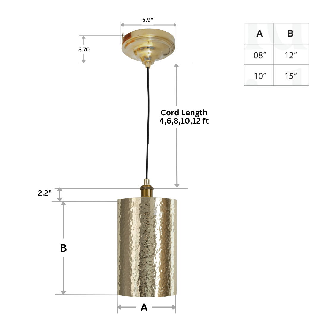 Handcrafted Hammered Brass Cylinder Pendant Light | Modern Tube Lamp