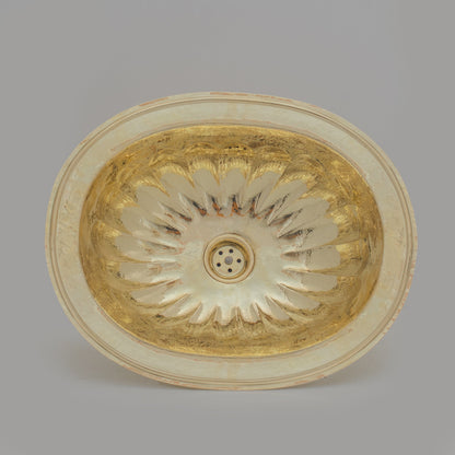 Handcrafted Petal Etched Oval Solid Brass Sink, Drop In Customizable Brass Kitchen Sink