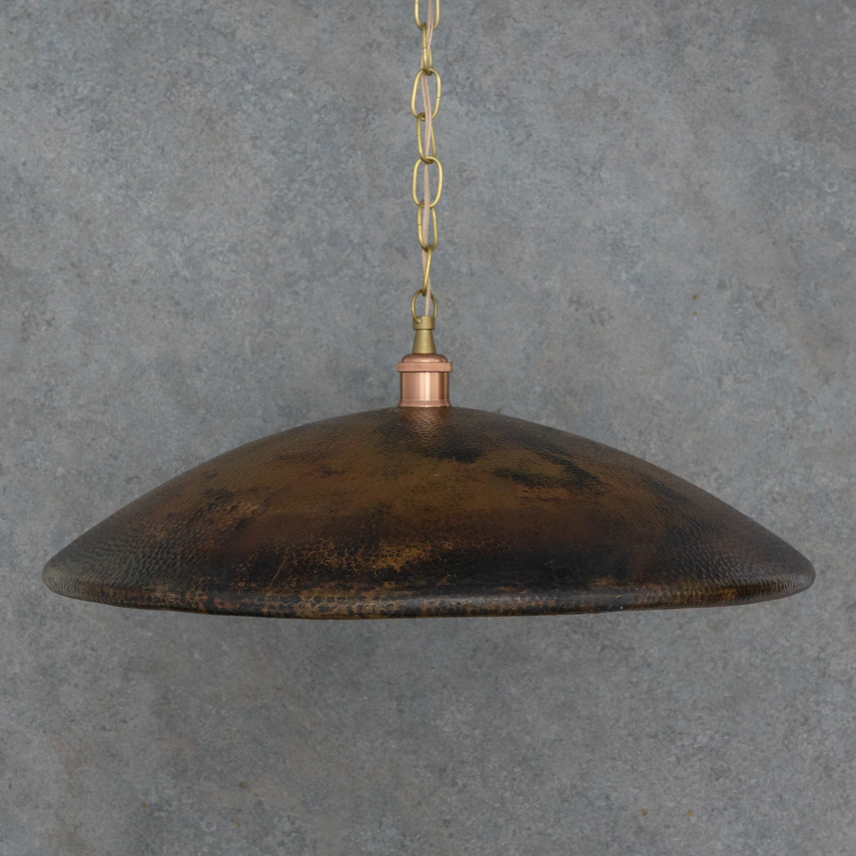 Handcrafted Wide Saucer Pendant Light | Wide Hammered Rustic Copper