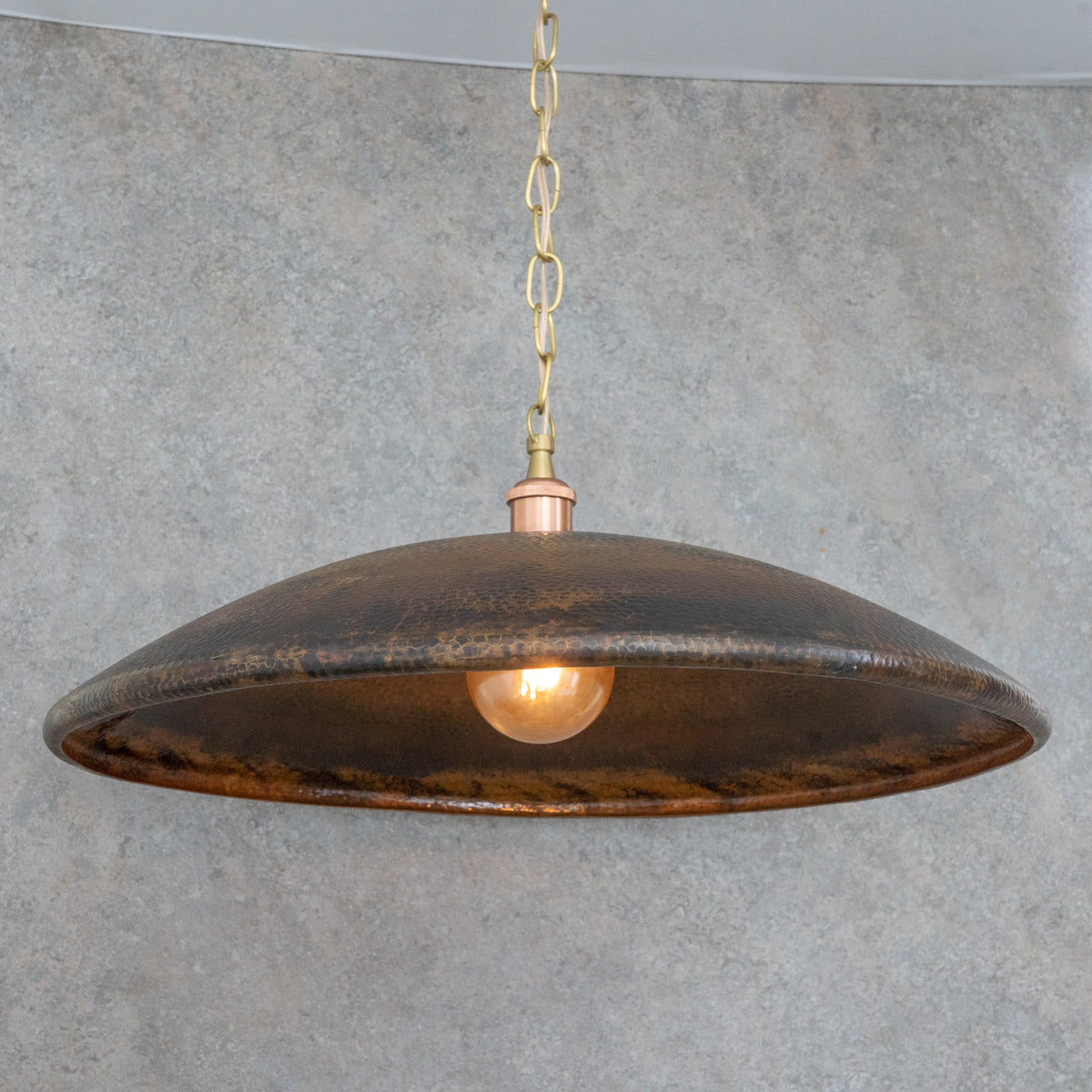 Handcrafted Wide Saucer Pendant Light | Wide Hammered Rustic Copper