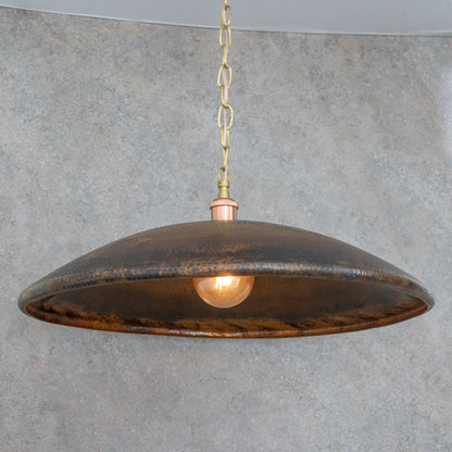 Handcrafted Wide Saucer Pendant Light | Wide Hammered Rustic Copper