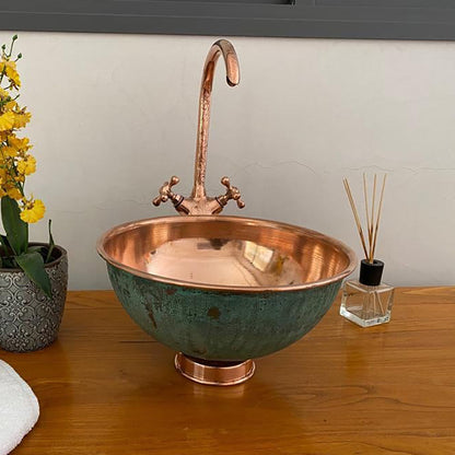 Wash Basin Bathroom Sink, Green Patina Round Copper Vessel Sink