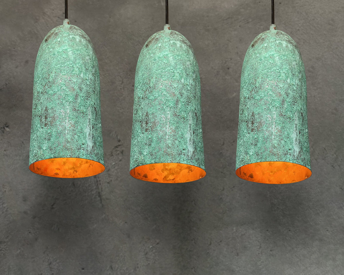 Set of 3 Green Patina Copper Pendant Lights, Farmhouse Hanging Lamps