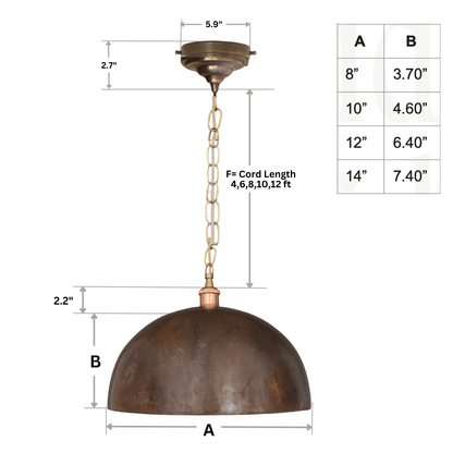 Large Rustic Copper Pendant Light - Aged Dome Ceiling Fixture - Hand-Hammered Moroccan Copper Lamp