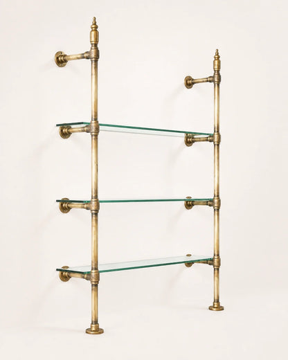 Vintage Brass Shelving Unit — Single Bay Countertop with Glass (45" W x 55" H x 12" D)