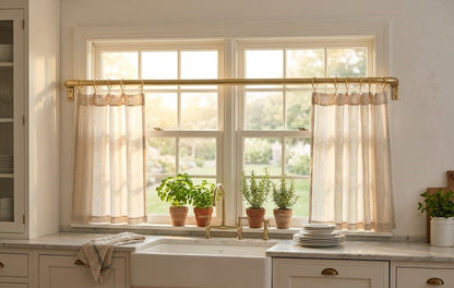 Unlacquered Brass Cafe Curtain Rod with Curved French Return & Eyelet Rings