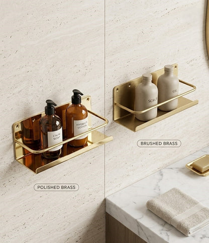 Solid Brass Wall-Mounted Bathroom Caddy & Vanity Shelf — Hand-Finished Living Finish