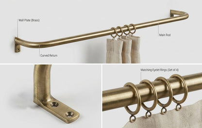 Unlacquered Brass Cafe Curtain Rod with Curved French Return & Eyelet Rings