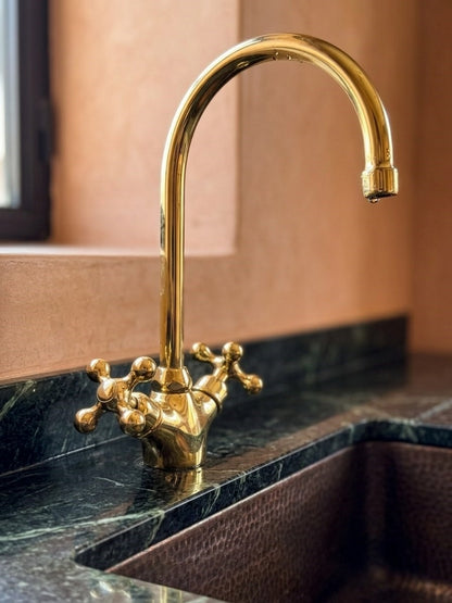 Unlacquered Brass Kitchen Faucet – High-Arch 360° Swivel Mixer Tap with Dual Cross Handle