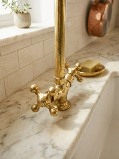 Unlacquered Brass Kitchen Bridge Faucet with Cross Handles – Hand-Finished Heavy Duty Spout Faucet