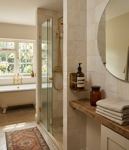 Solid Brass Wall-Mounted Bathroom Caddy & Vanity Shelf — Hand-Finished Living Finish