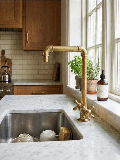 Unlacquered Brass Kitchen Bridge Faucet with Cross Handles – Hand-Finished Heavy Duty Spout Faucet