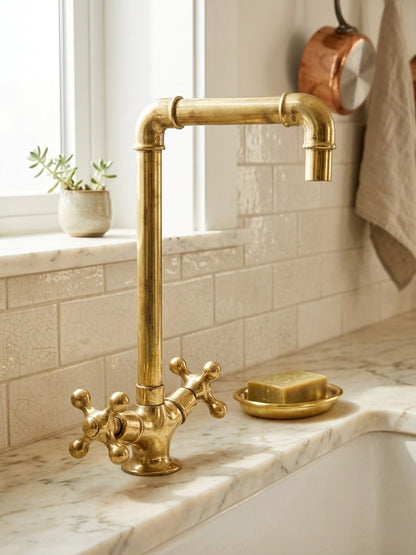 Unlacquered Brass Kitchen Bridge Faucet with Cross Handles – Hand-Finished Heavy Duty Spout Faucet
