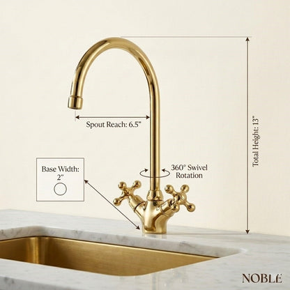 Unlacquered Brass Kitchen Faucet – High-Arch 360° Swivel Mixer Tap with Dual Cross Handle