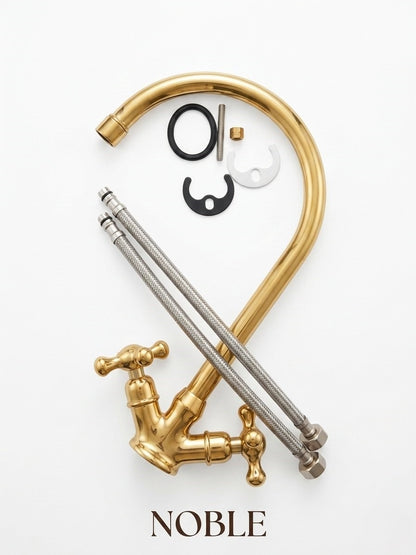 Unlacquered Brass Kitchen Faucet – High-Arch 360° Swivel Mixer Tap with Dual Cross Handle