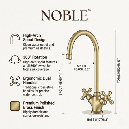 Unlacquered Brass Kitchen Faucet – High-Arch 360° Swivel Mixer Tap with Dual Cross Handle