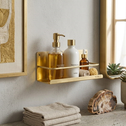 Solid Brass Wall-Mounted Bathroom Caddy & Vanity Shelf — Hand-Finished Living Finish