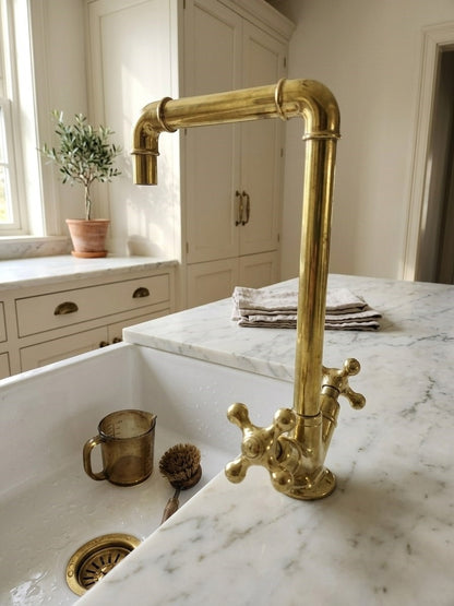 Unlacquered Brass Kitchen Bridge Faucet with Cross Handles – Hand-Finished Heavy Duty Spout Faucet