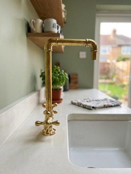 Unlacquered Brass Kitchen Bridge Faucet with Cross Handles – Hand-Finished Heavy Duty Spout Faucet
